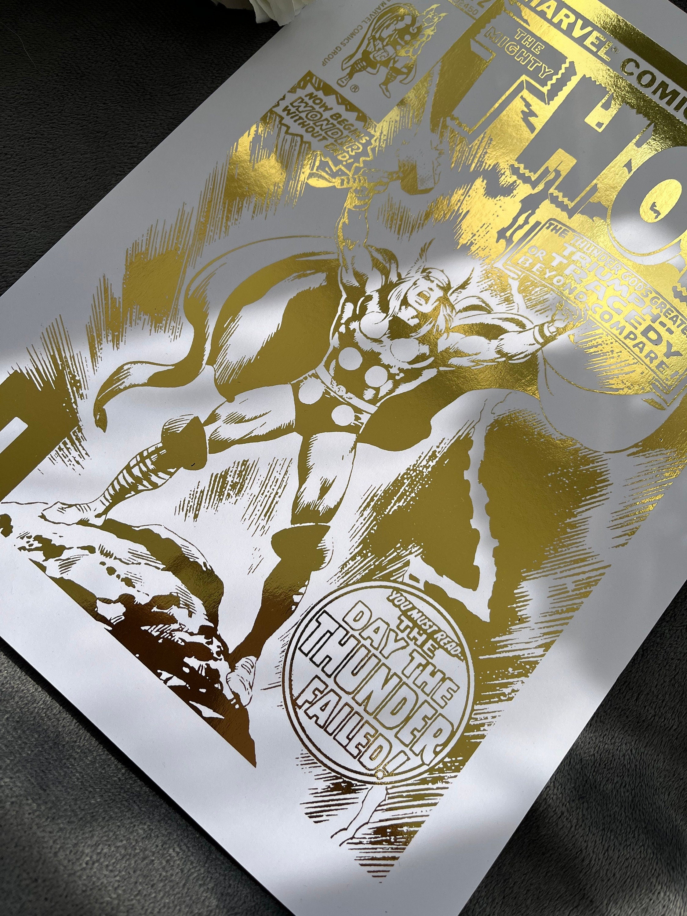 Thor Comic Cover Foil Print featuring the God of Thunder in vibrant colors with a metallic finish.