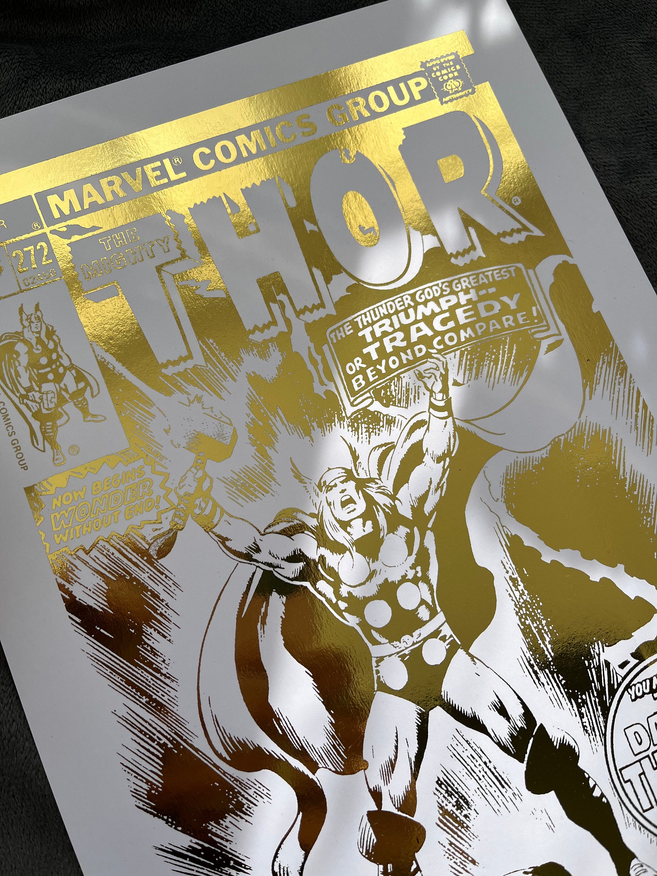 Thor Comic Cover Foil Print featuring the God of Thunder in vibrant colors with a metallic finish.