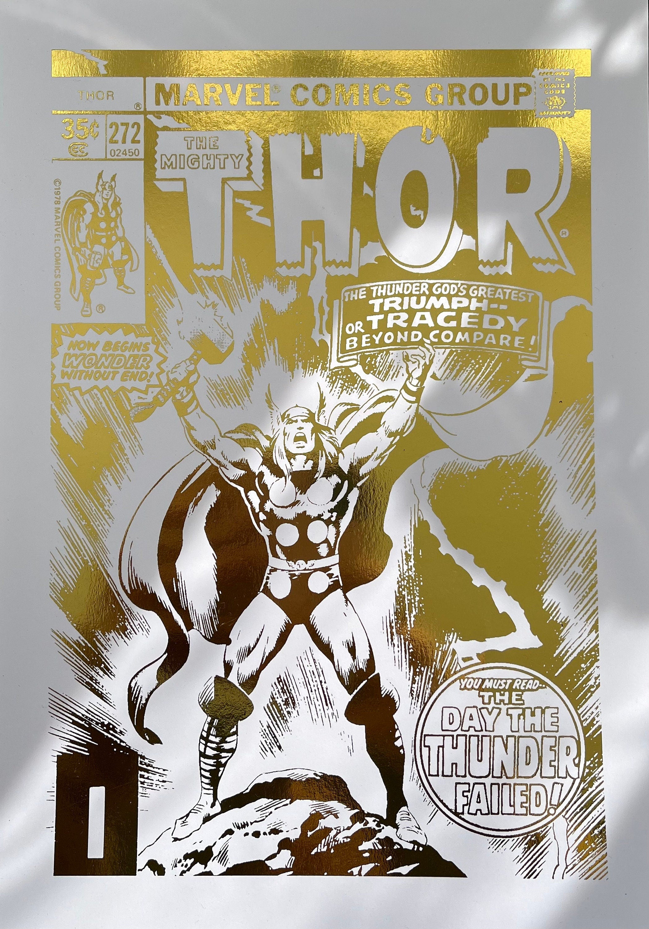 Thor Comic Cover Foil Print featuring the God of Thunder in vibrant colors with a metallic finish.