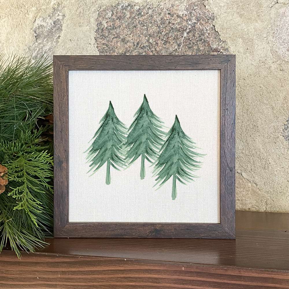 Three Trees Framed Sign with a stylized wood frame and linen-look background, perfect for home decor.