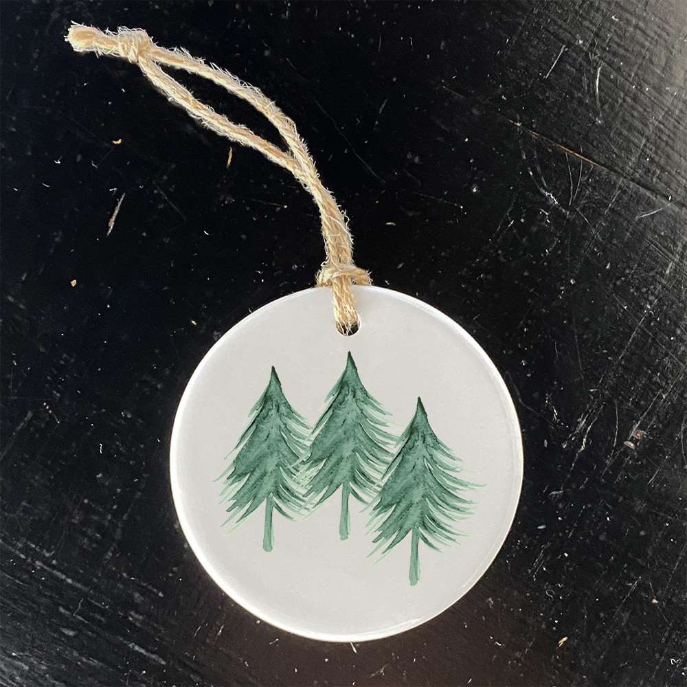 Three Trees porcelain ornament featuring original designs, high-quality finish, and vibrant colors, perfect for holiday decor or gifting.