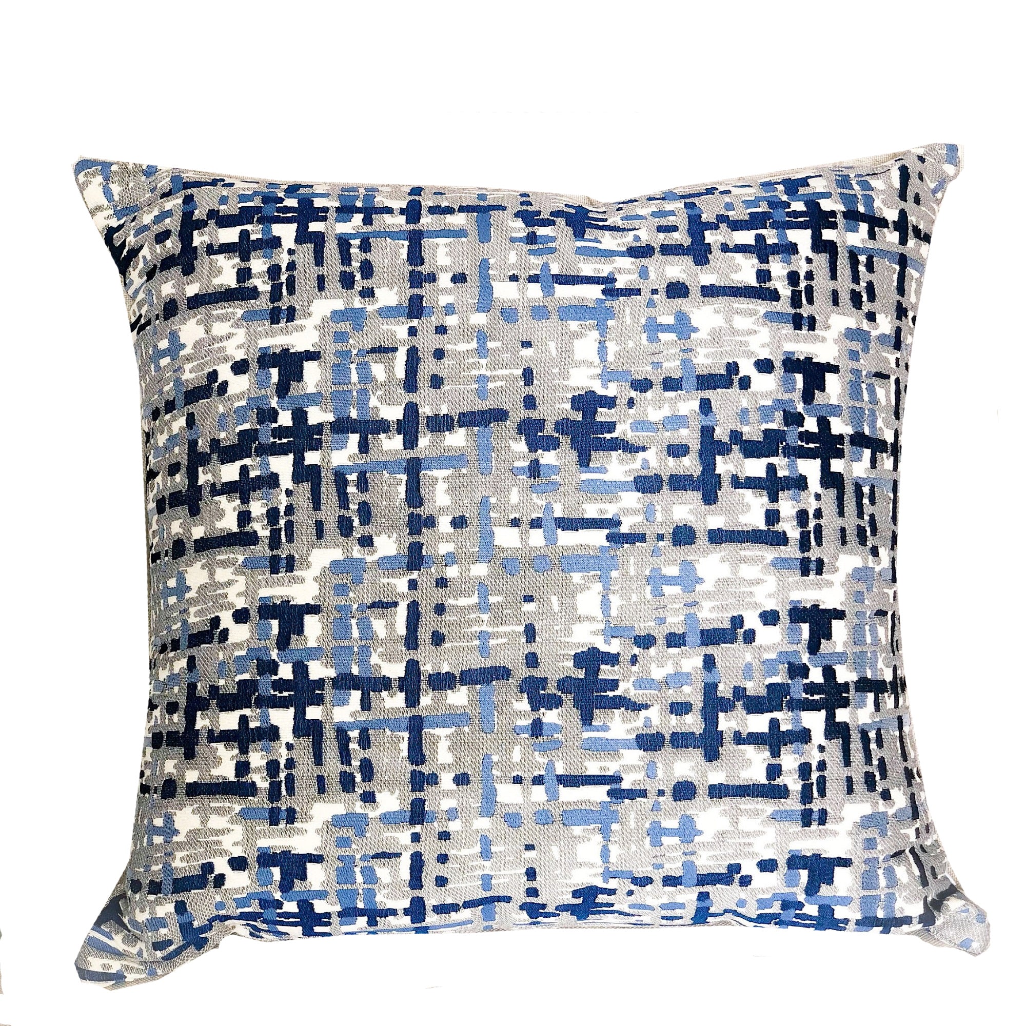 Tierra Monte Plaid Navy Blue and Gray Handmade Luxury Pillow showcasing a stylish plaid pattern with a soft texture and invisible zipper.