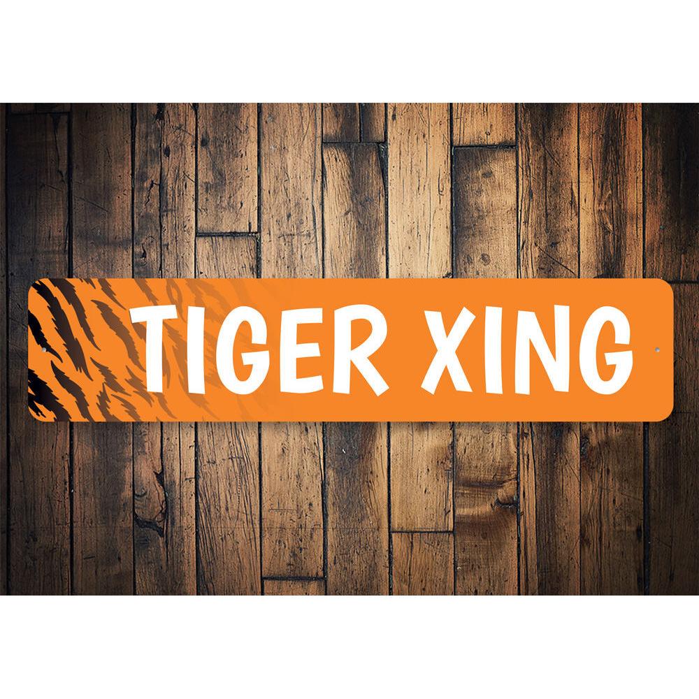 A decorative Tiger Crossing Sign made of durable aluminum, featuring a vibrant tiger design, perfect for home or business decor.