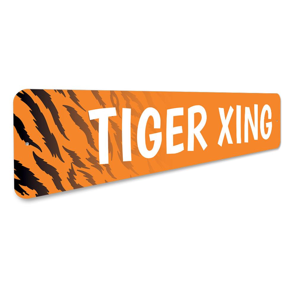 A decorative Tiger Crossing Sign made of durable aluminum, featuring a vibrant tiger design, perfect for home or business decor.