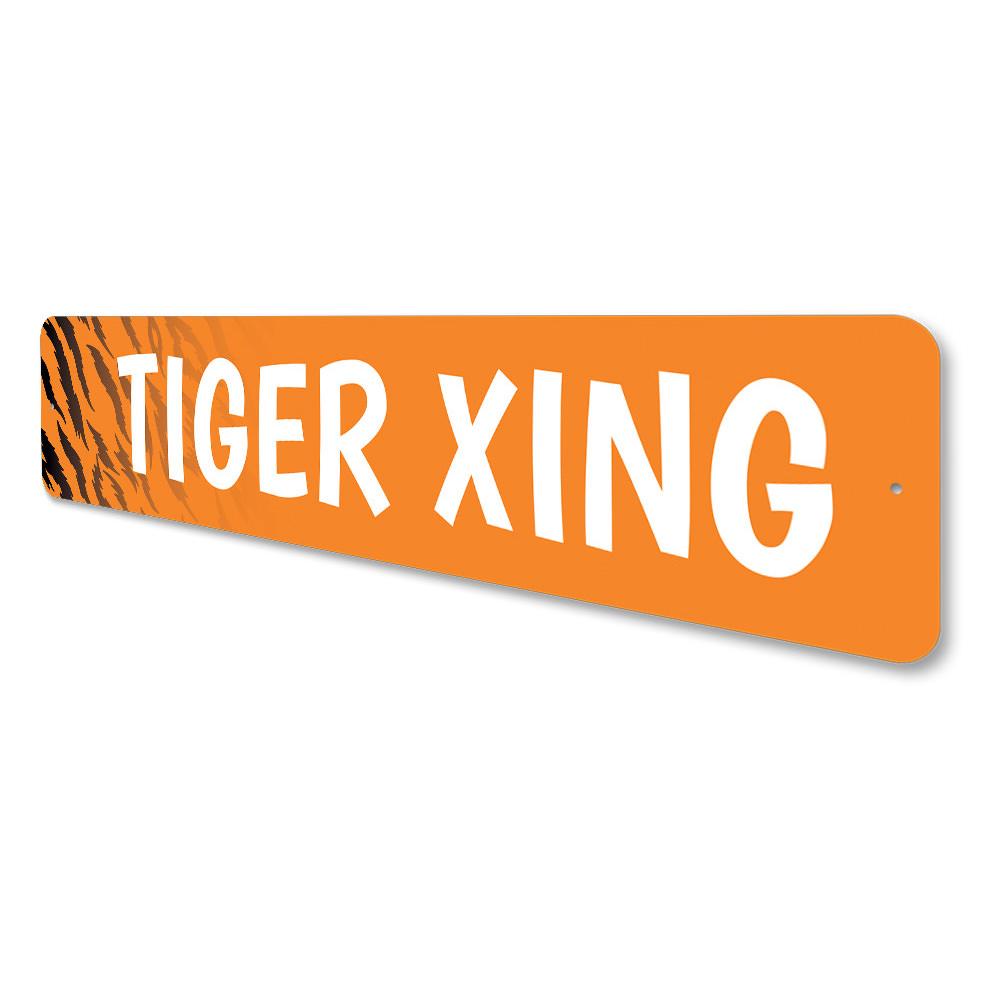 A decorative Tiger Crossing Sign made of durable aluminum, featuring a vibrant tiger design, perfect for home or business decor.