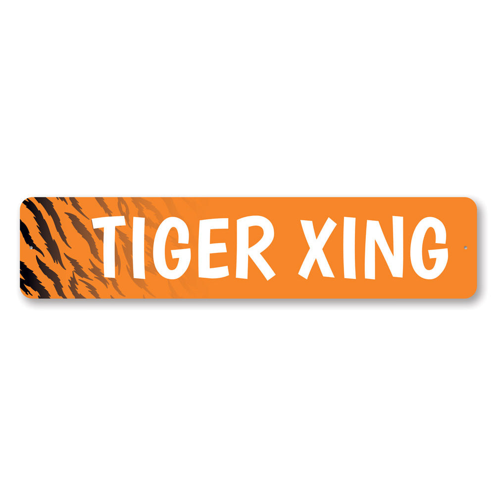 A decorative Tiger Crossing Sign made of durable aluminum, featuring a vibrant tiger design, perfect for home or business decor.