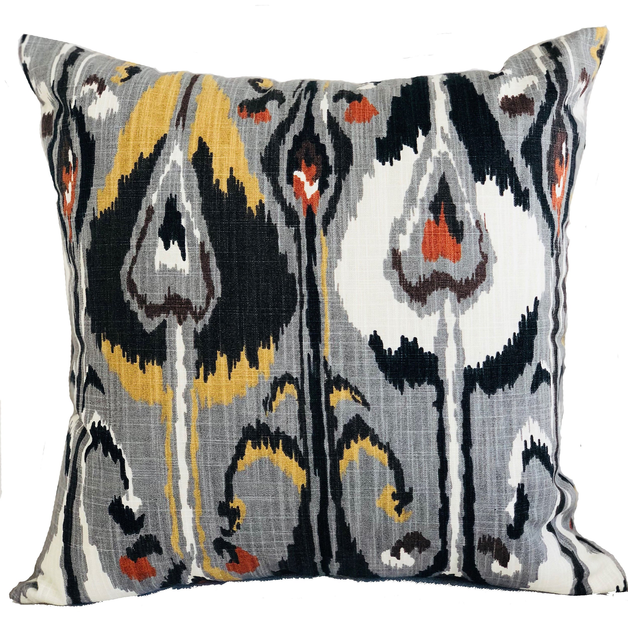 Tigerlily Gray Luxury Throw Pillow featuring a chic Ikat pattern, handmade in the USA with a soft cotton fabric and invisible zipper.