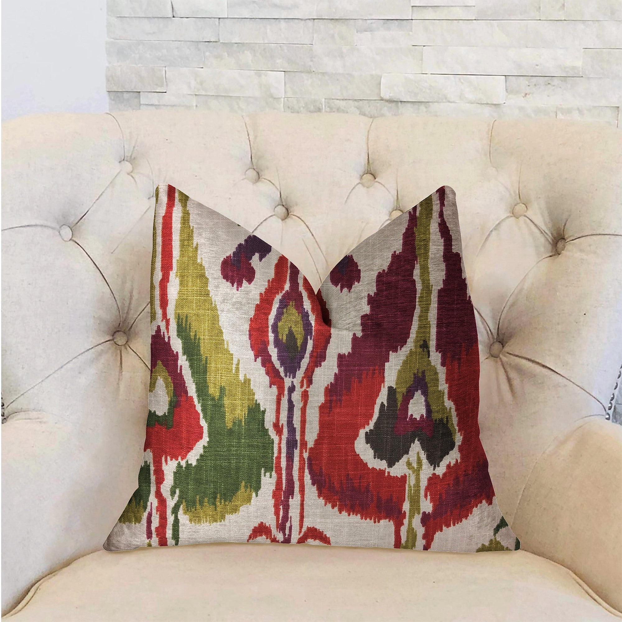 Tigerlily Luxury Throw Pillow featuring a vibrant multicolor ikat pattern, handmade in the USA with a soft cotton fabric.