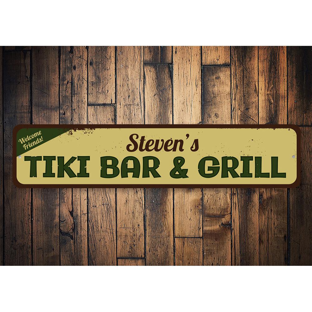 A vibrant Tiki Bar & Grill Sign made of high-quality aluminum, featuring tropical designs and customizable text options, perfect for beach-themed decor.