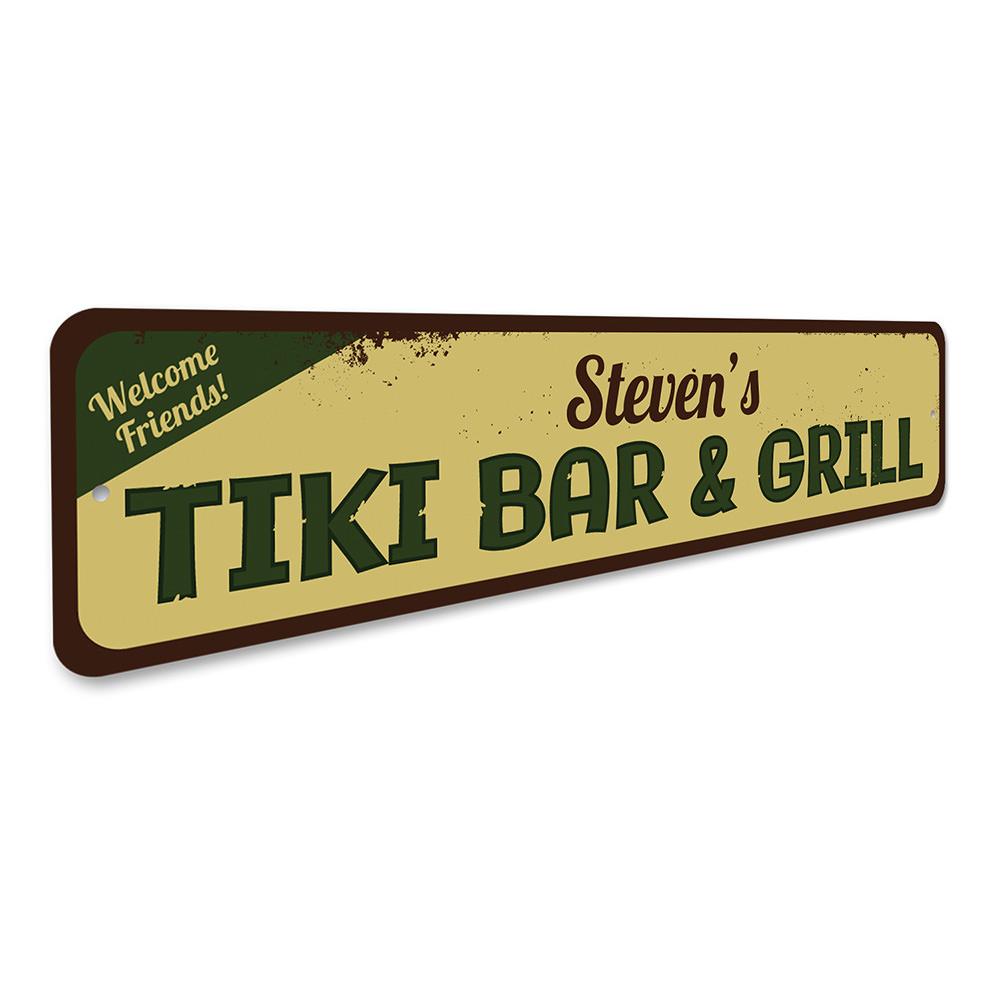 A vibrant Tiki Bar & Grill Sign made of high-quality aluminum, featuring tropical designs and customizable text options, perfect for beach-themed decor.