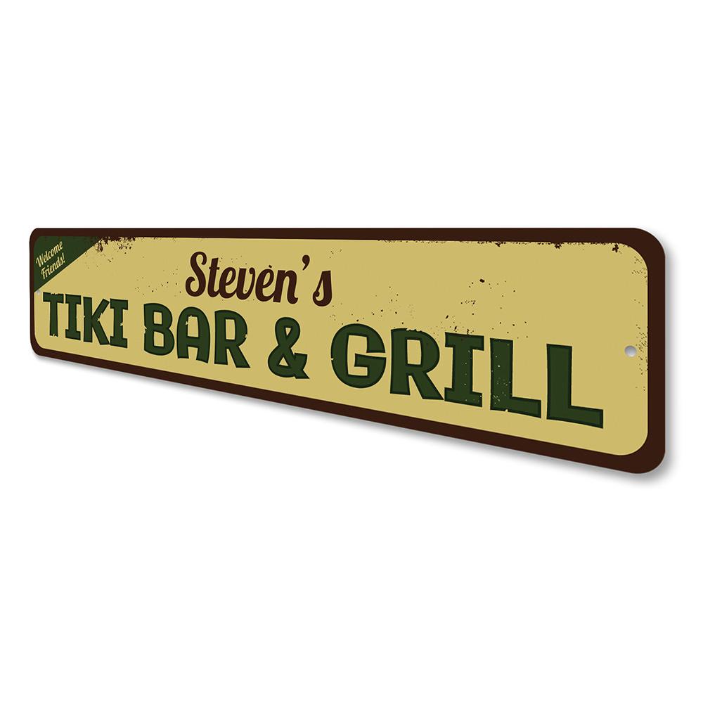 A vibrant Tiki Bar & Grill Sign made of high-quality aluminum, featuring tropical designs and customizable text options, perfect for beach-themed decor.