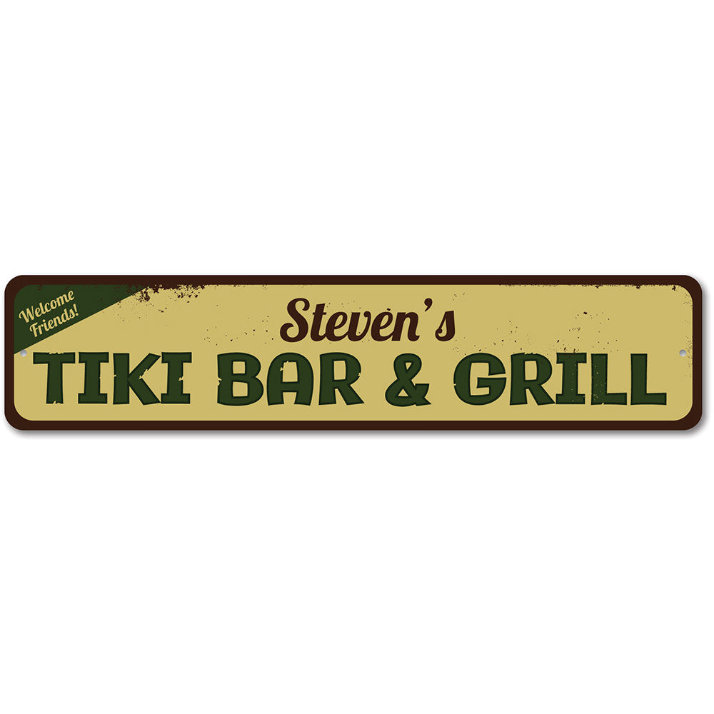 A vibrant Tiki Bar & Grill Sign made of high-quality aluminum, featuring tropical designs and customizable text options, perfect for beach-themed decor.