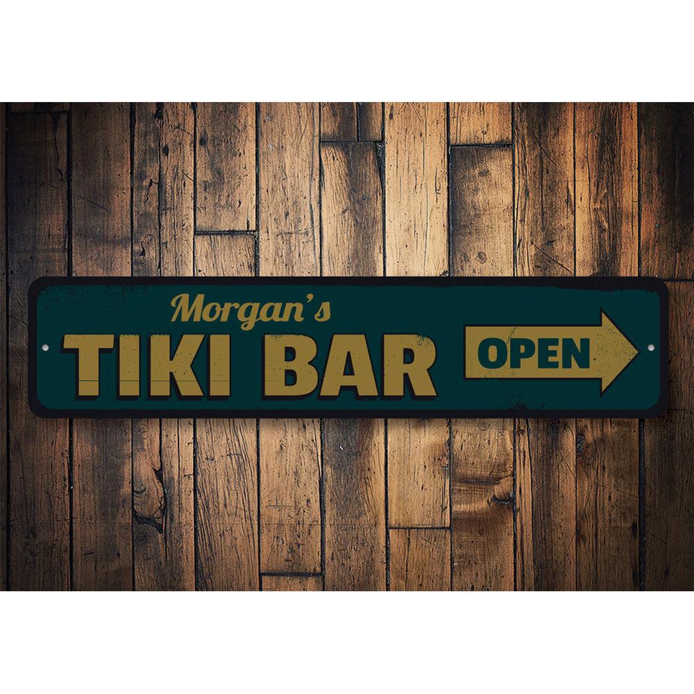 A vibrant Tiki Bar Open Sign made of aluminum, featuring tropical designs and customizable text, perfect for home or business decor.