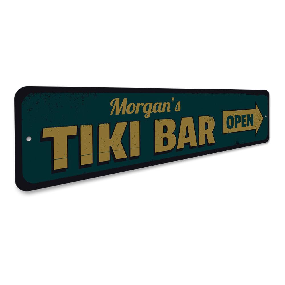 A vibrant Tiki Bar Open Sign made of aluminum, featuring tropical designs and customizable text, perfect for home or business decor.