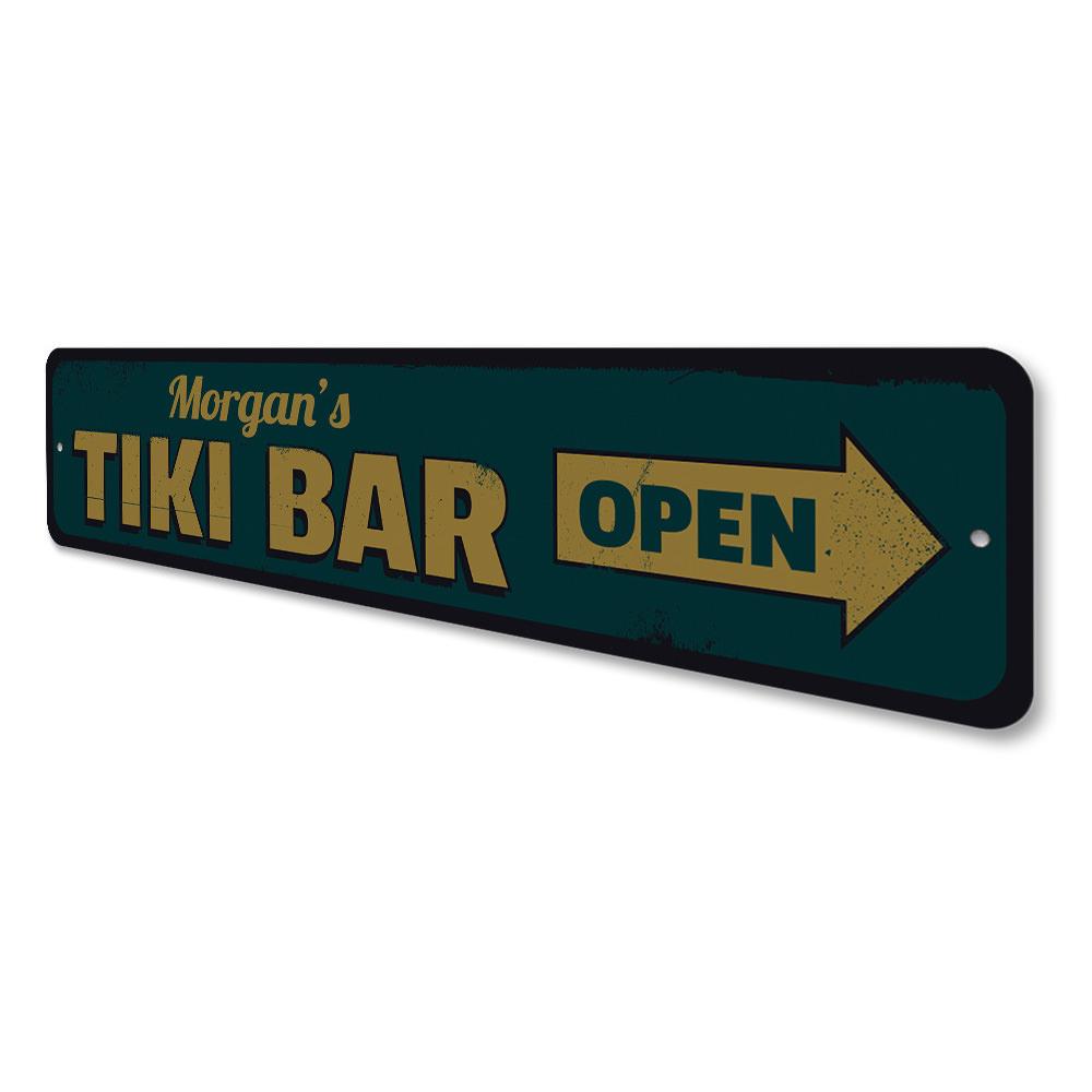 A vibrant Tiki Bar Open Sign made of aluminum, featuring tropical designs and customizable text, perfect for home or business decor.