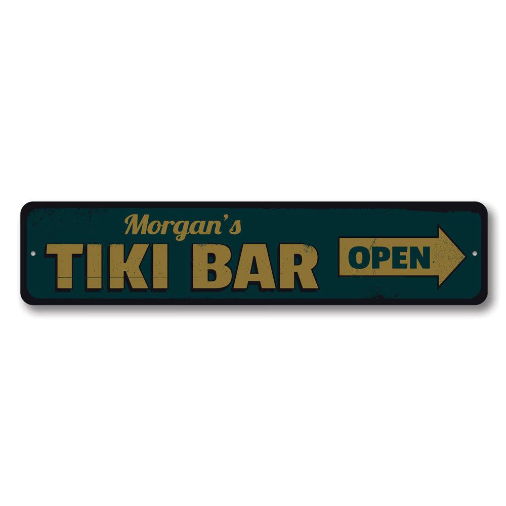 A vibrant Tiki Bar Open Sign made of aluminum, featuring tropical designs and customizable text, perfect for home or business decor.