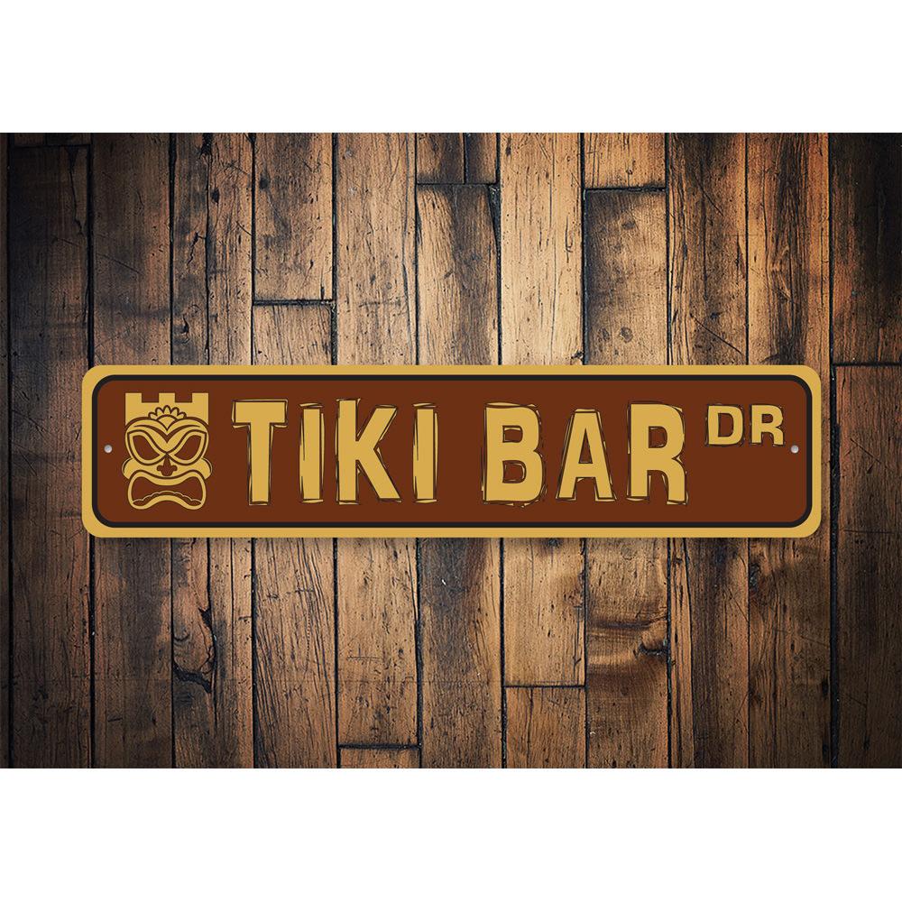 Tiki Bar Street Sign made of quality aluminum, featuring vibrant colors and a tropical design, perfect for home or outdoor decor.