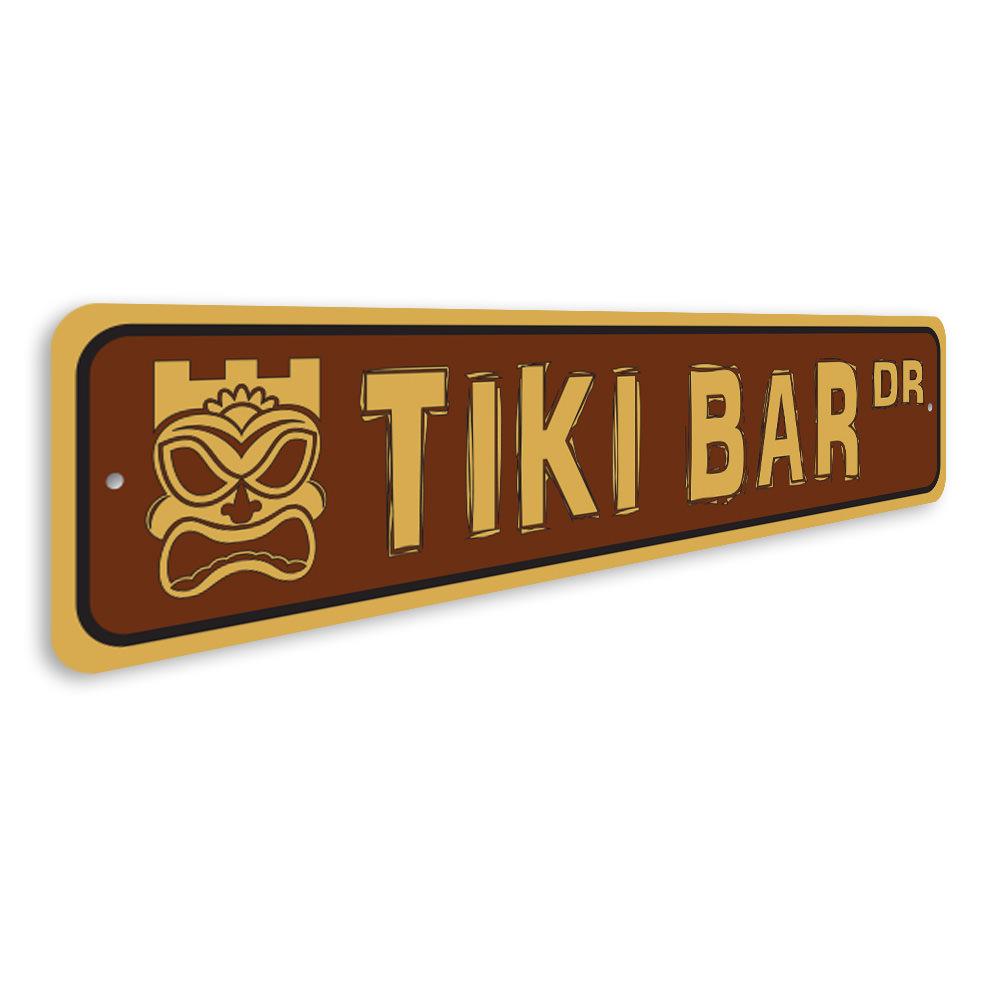 Tiki Bar Street Sign made of quality aluminum, featuring vibrant colors and a tropical design, perfect for home or outdoor decor.