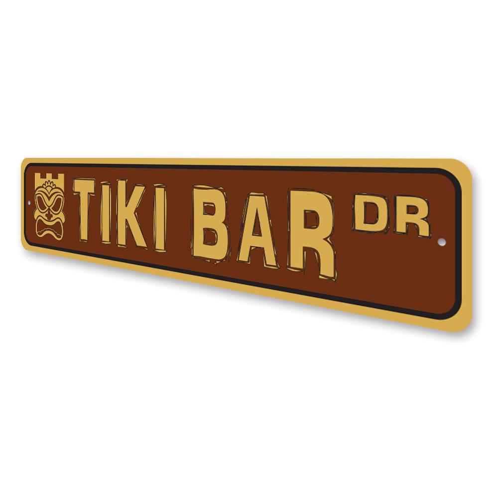 Tiki Bar Street Sign made of quality aluminum, featuring vibrant colors and a tropical design, perfect for home or outdoor decor.