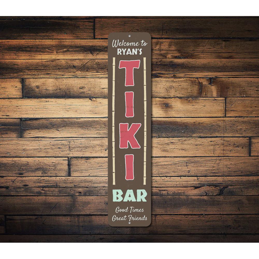 Tiki Bar Vertical Welcome Sign made of aluminum, featuring vibrant colors and a beach-themed design, perfect for outdoor decor.