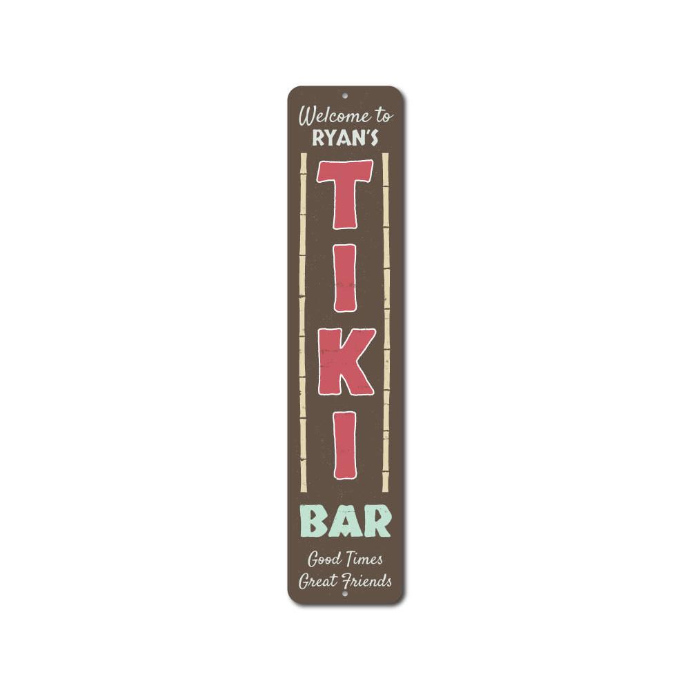 Tiki Bar Vertical Welcome Sign made of aluminum, featuring vibrant colors and a beach-themed design, perfect for outdoor decor.