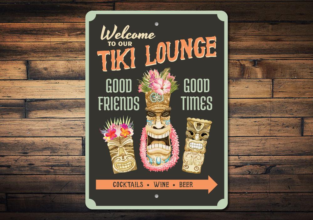 A vibrant Tiki Lounge Sign featuring tropical motifs, perfect for home decor.