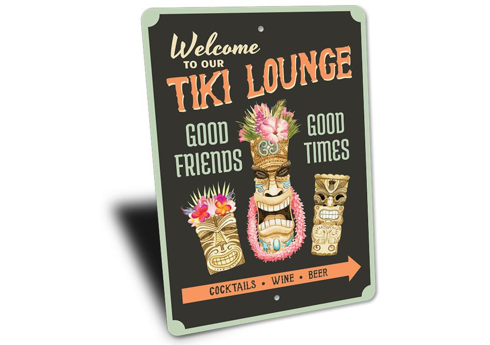 A vibrant Tiki Lounge Sign featuring tropical motifs, perfect for home decor.