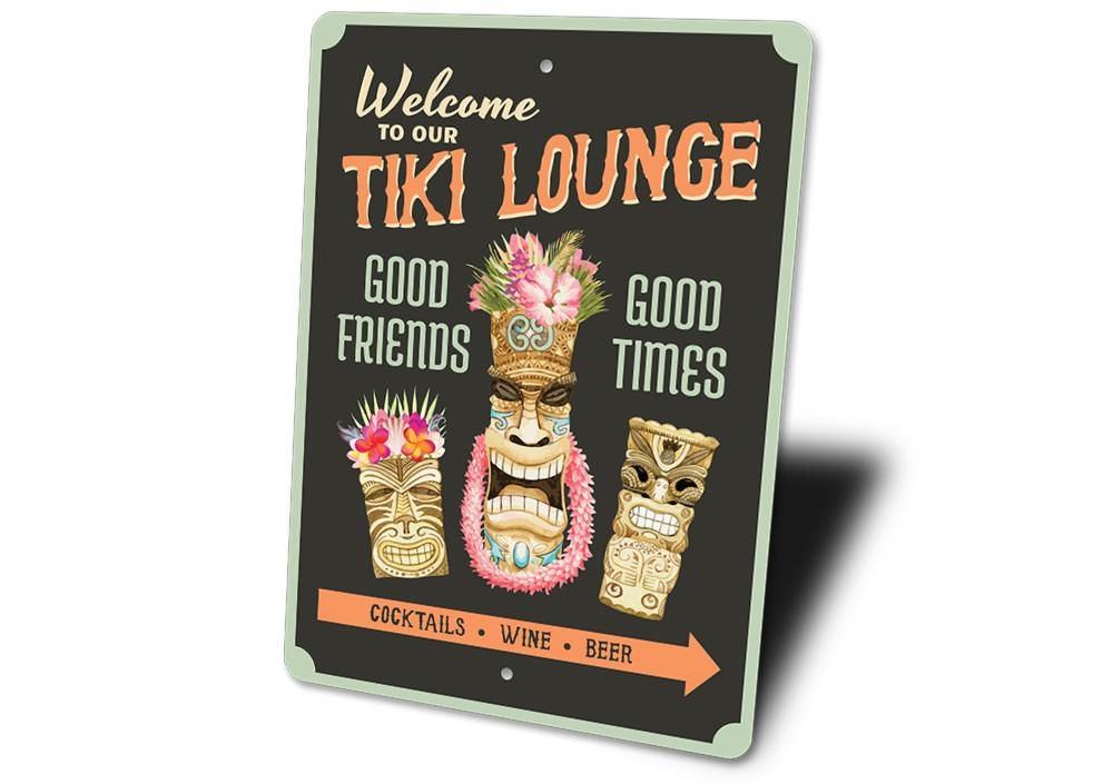 A vibrant Tiki Lounge Sign featuring tropical motifs, perfect for home decor.