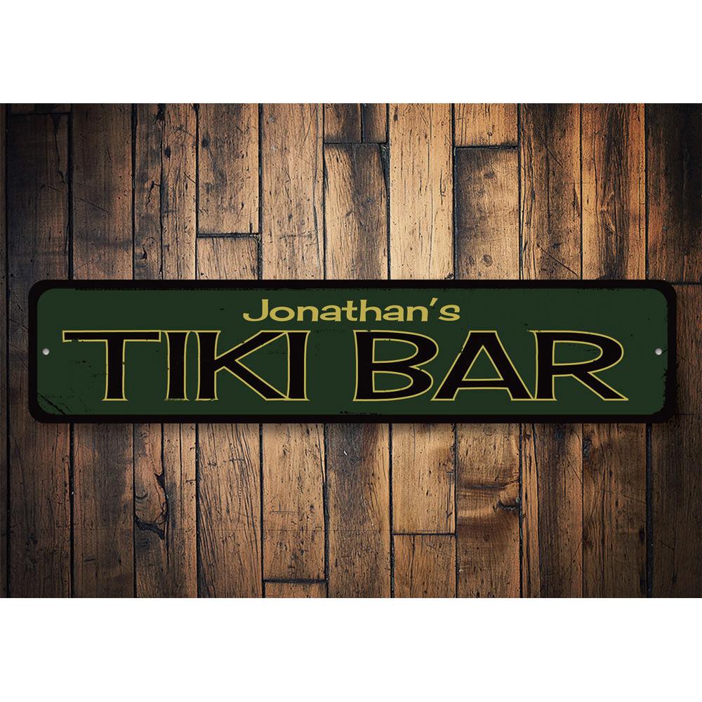 Customizable Tiki Sign made from high-quality aluminum, featuring vibrant colors and pre-drilled holes for easy mounting.