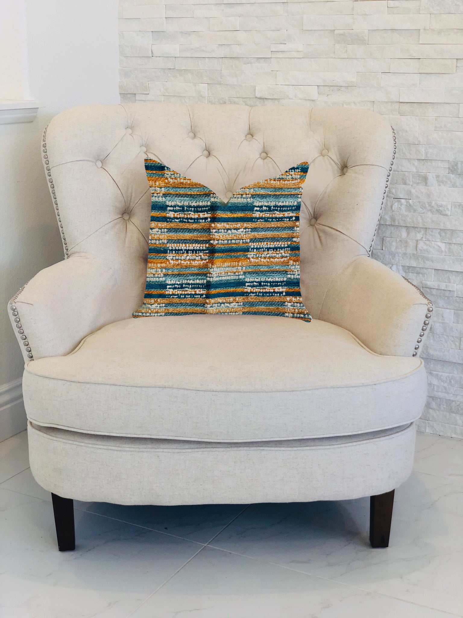 Timber blue and beige textured luxury throw pillow with invisible zipper, showcasing a stylish design and quality craftsmanship.