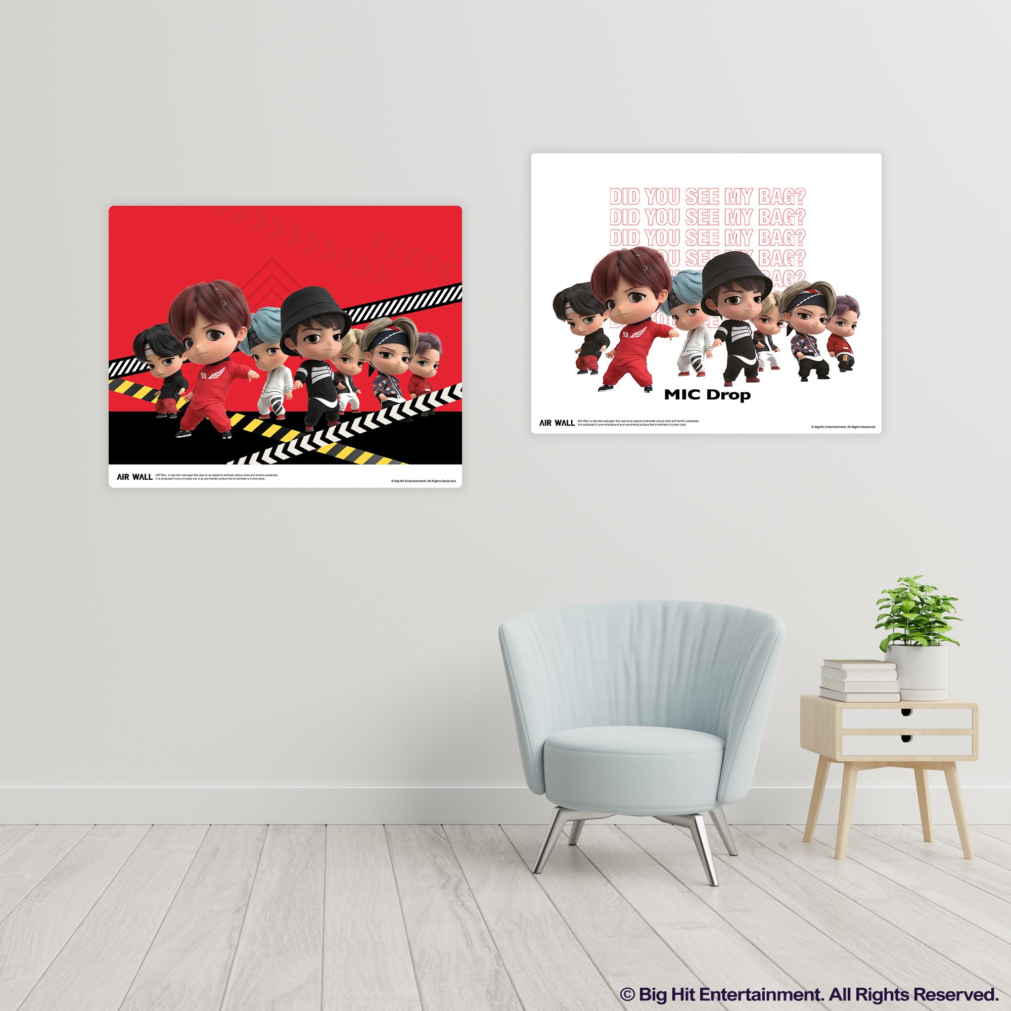 TinyTAN MIC Drop #1 Air Wall Poster featuring vibrant colors and TinyTAN characters, designed for air purification.