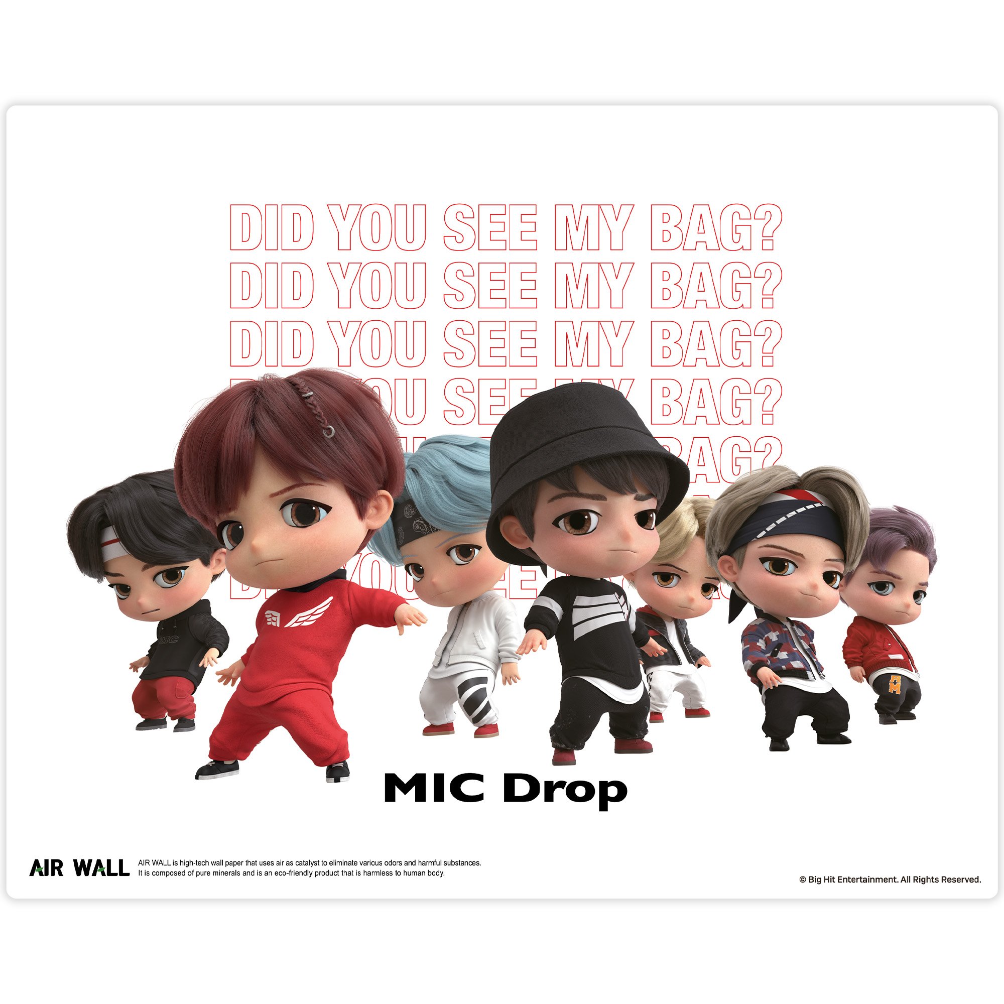 TinyTAN MIC Drop #2 Air Wall Poster featuring vibrant colors and TinyTAN members with lyrics from IDOL.