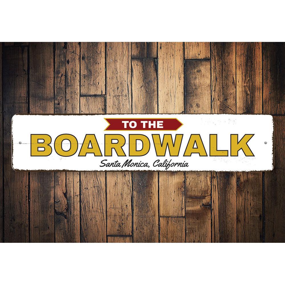 Customizable To the Boardwalk Sign made of high-quality aluminum, featuring a beach-themed design, perfect for home decor.