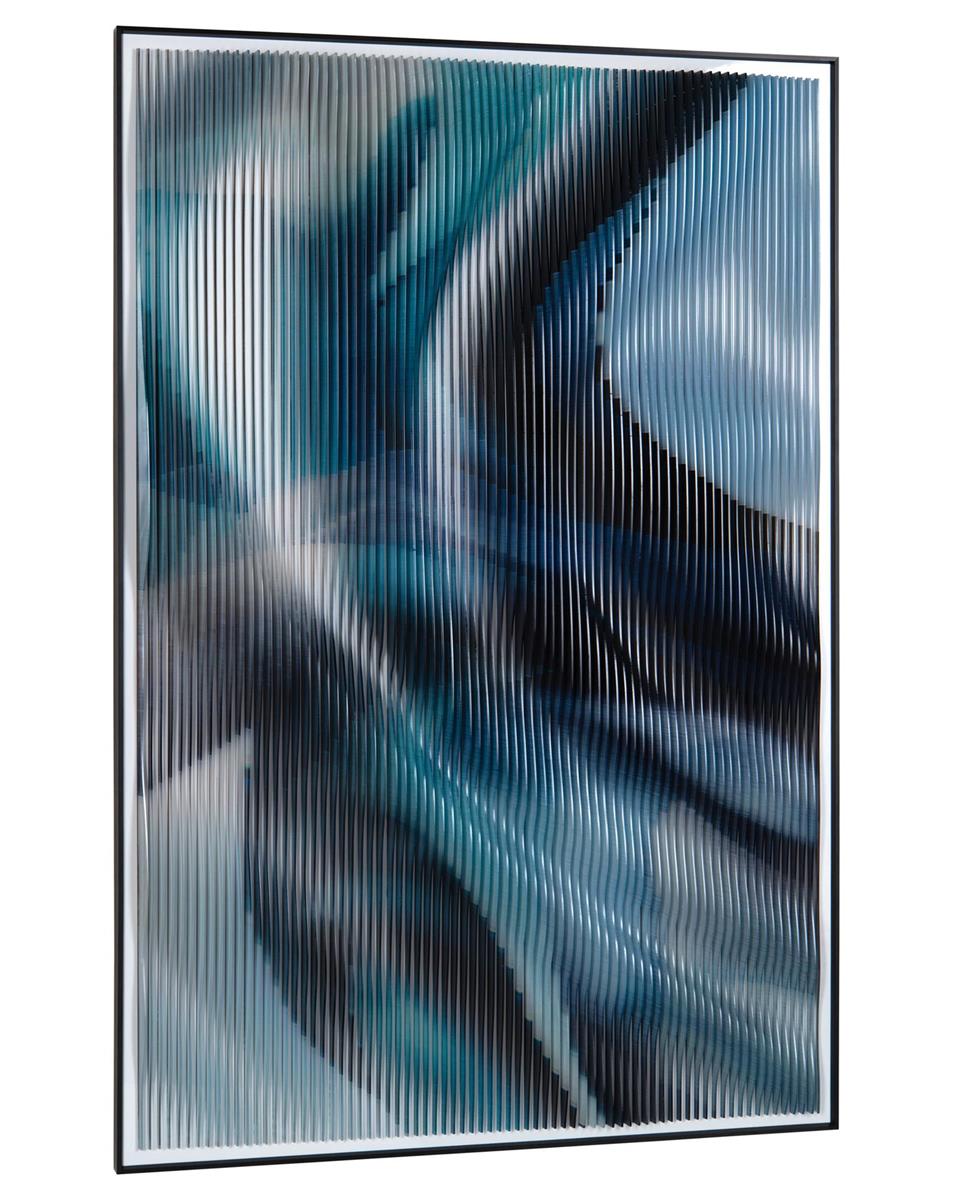 Tony Fey's Midnight Aurora artwork featuring navy, aqua, and white acrylic panels with dramatic peaks and valleys, framed in black molding.