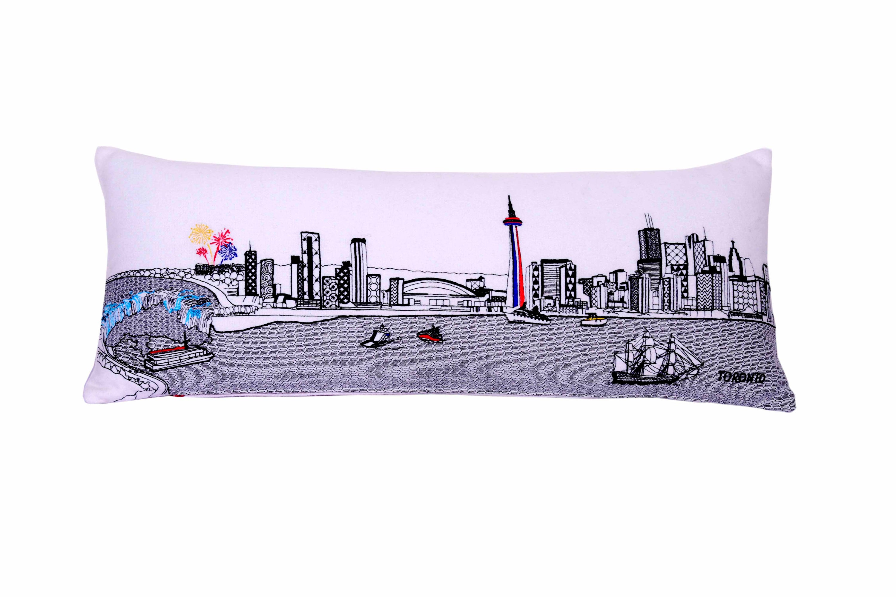 Toronto Pillow featuring the skyline and Niagara Falls, showcasing iconic landmarks in vibrant colors.