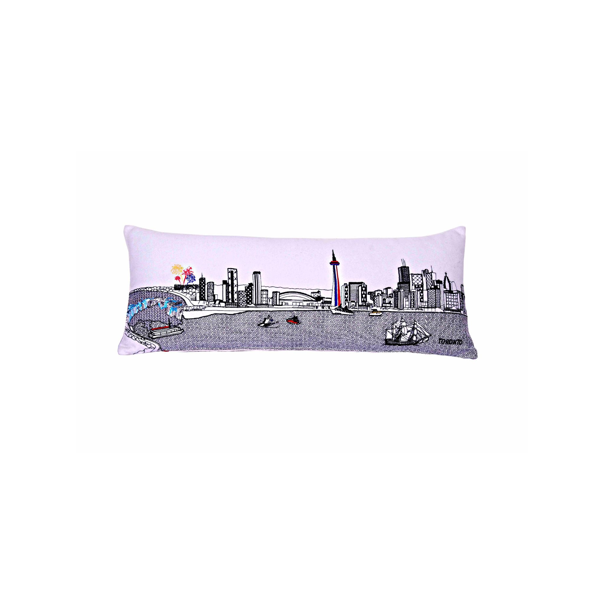 Toronto Pillow featuring the skyline and Niagara Falls, showcasing iconic landmarks in vibrant colors.