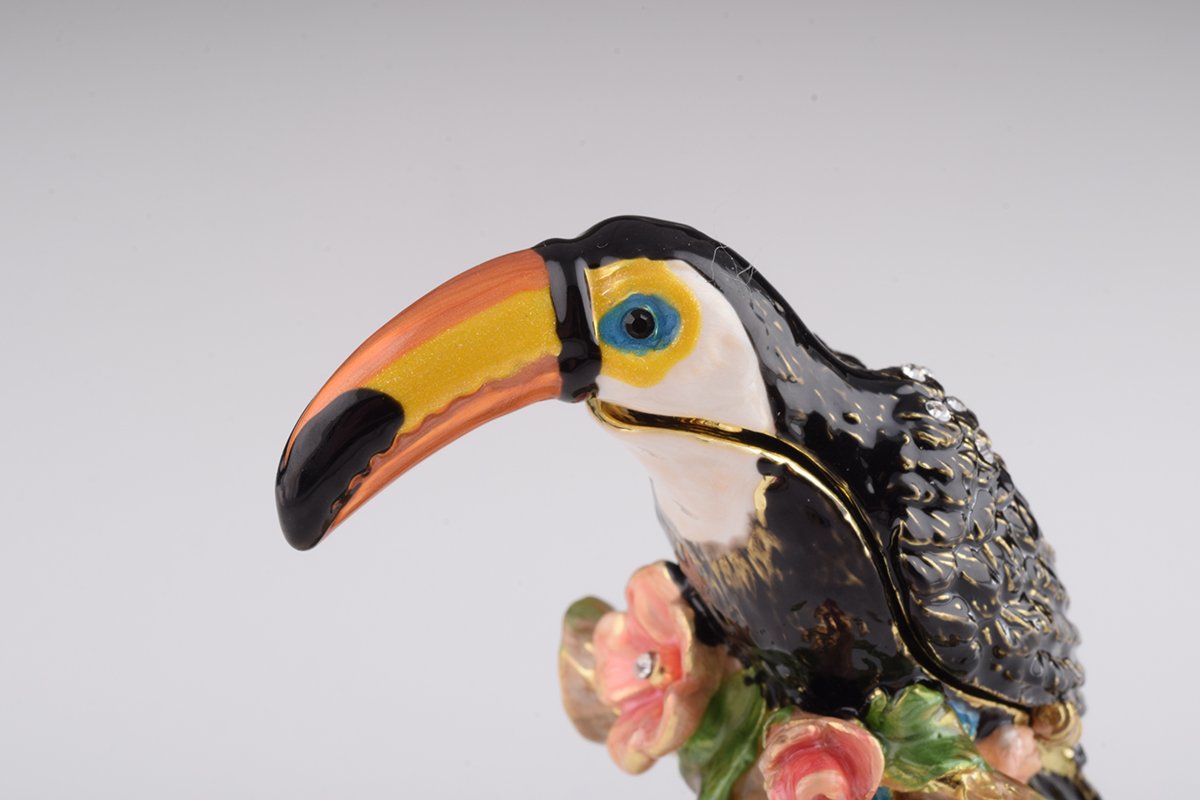 Handcrafted Toucan Bird trinket box with Austrian crystals and 24K gold plating, showcasing intricate enamel work.