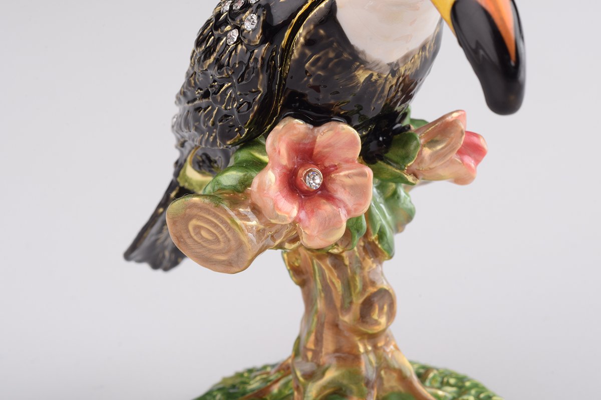 Handcrafted Toucan Bird trinket box with Austrian crystals and 24K gold plating, showcasing intricate enamel work.