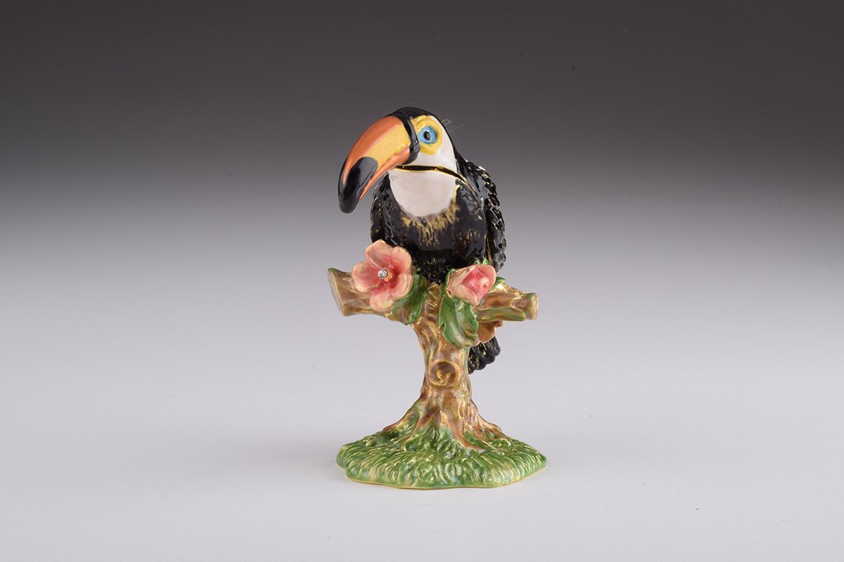 Handcrafted Toucan Bird trinket box with Austrian crystals and 24K gold plating, showcasing intricate enamel work.