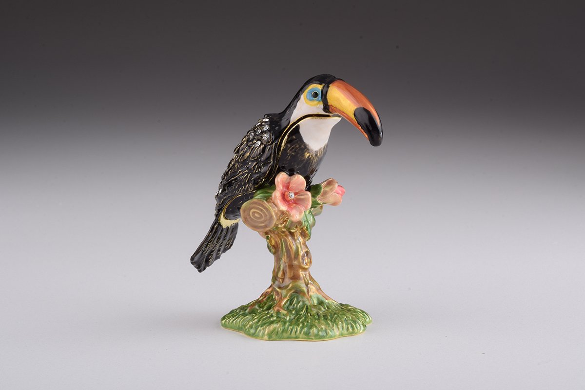 Handcrafted Toucan Bird trinket box with Austrian crystals and 24K gold plating, showcasing intricate enamel work.