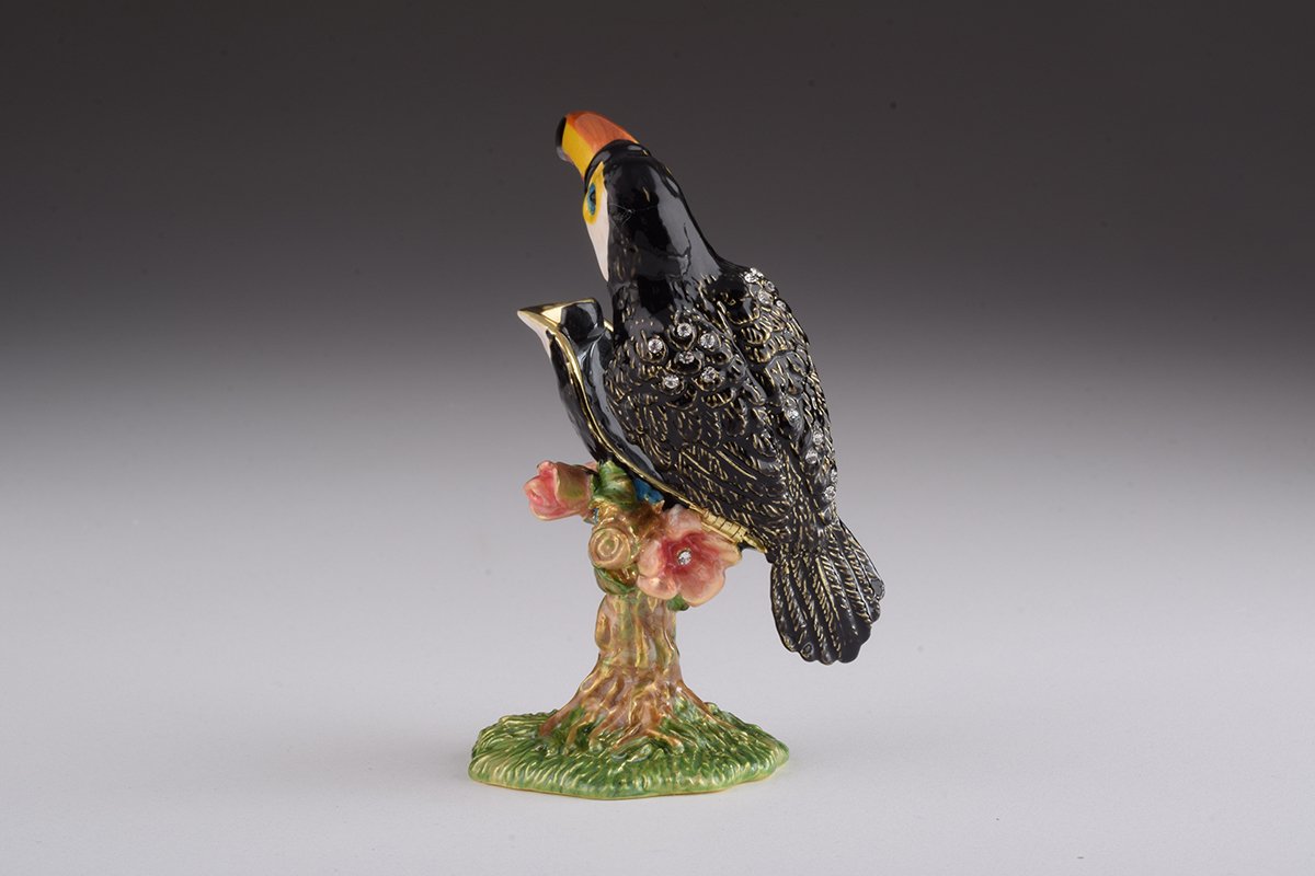 Handcrafted Toucan Bird trinket box with Austrian crystals and 24K gold plating, showcasing intricate enamel work.