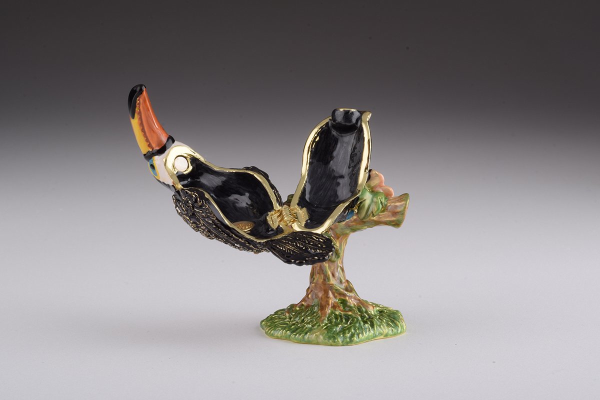 Handcrafted Toucan Bird trinket box with Austrian crystals and 24K gold plating, showcasing intricate enamel work.