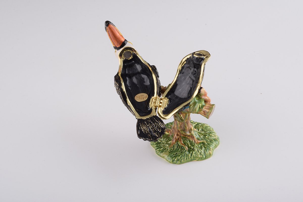 Handcrafted Toucan Bird trinket box with Austrian crystals and 24K gold plating, showcasing intricate enamel work.