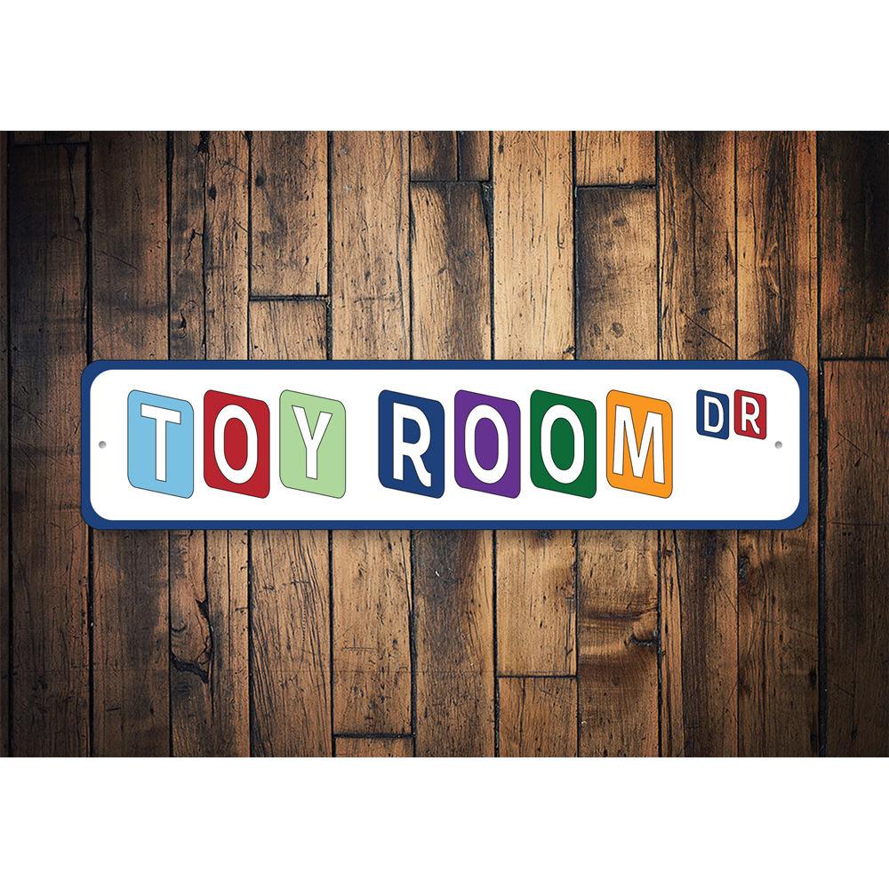 Toy Room Street Sign made of high-quality aluminum, featuring customizable text and pre-drilled holes for easy mounting.