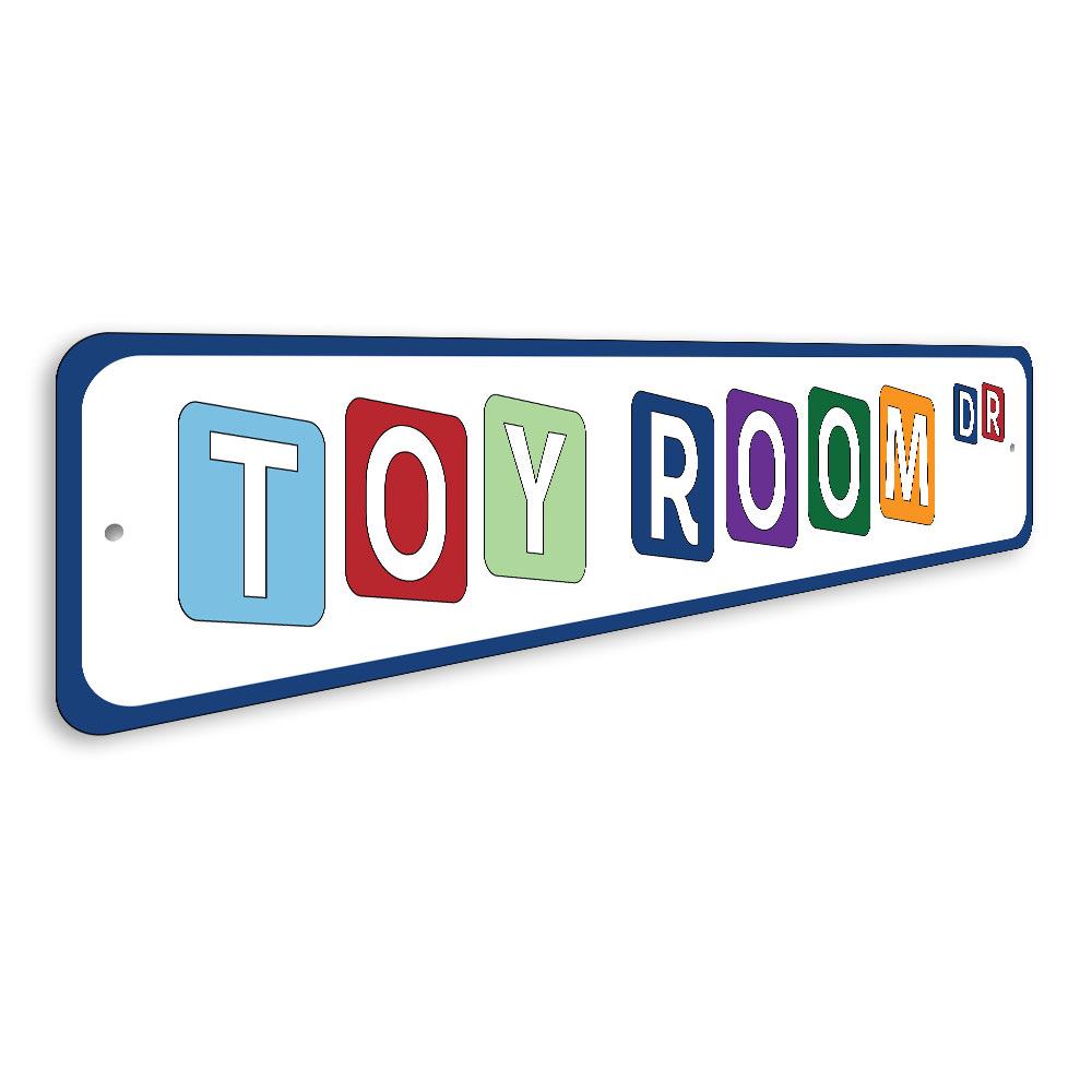 Toy Room Street Sign made of high-quality aluminum, featuring customizable text and pre-drilled holes for easy mounting.