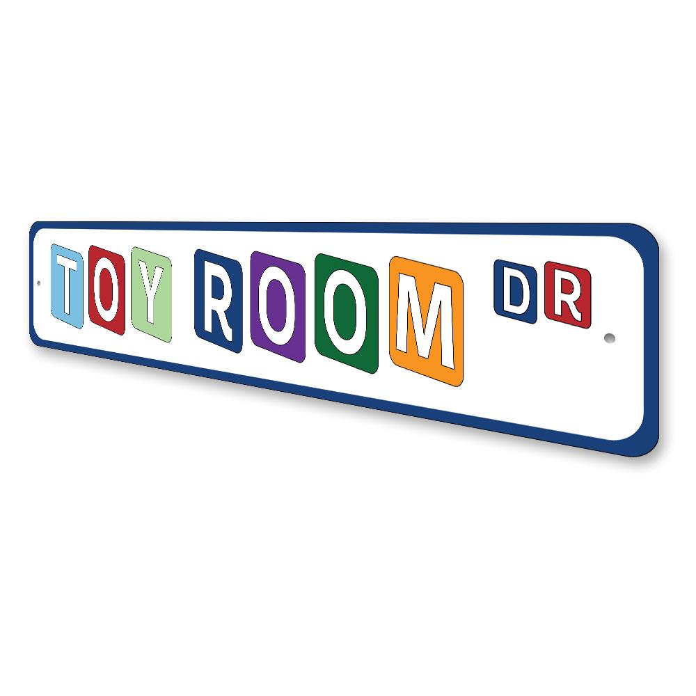 Toy Room Street Sign made of high-quality aluminum, featuring customizable text and pre-drilled holes for easy mounting.