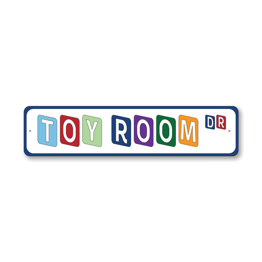 Toy Room Street Sign made of high-quality aluminum, featuring customizable text and pre-drilled holes for easy mounting.