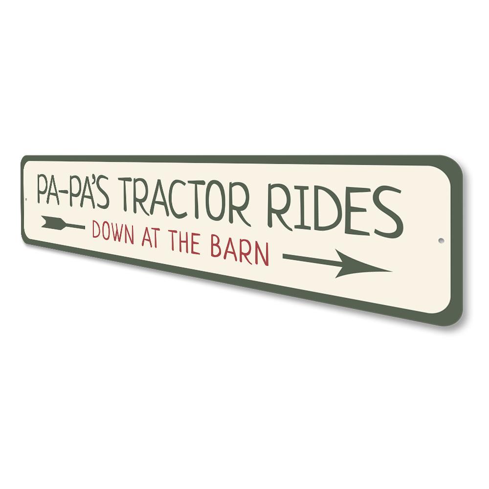 A decorative Tractor Rides Sign made of high-quality aluminum, featuring customizable text and pre-drilled holes for easy mounting.