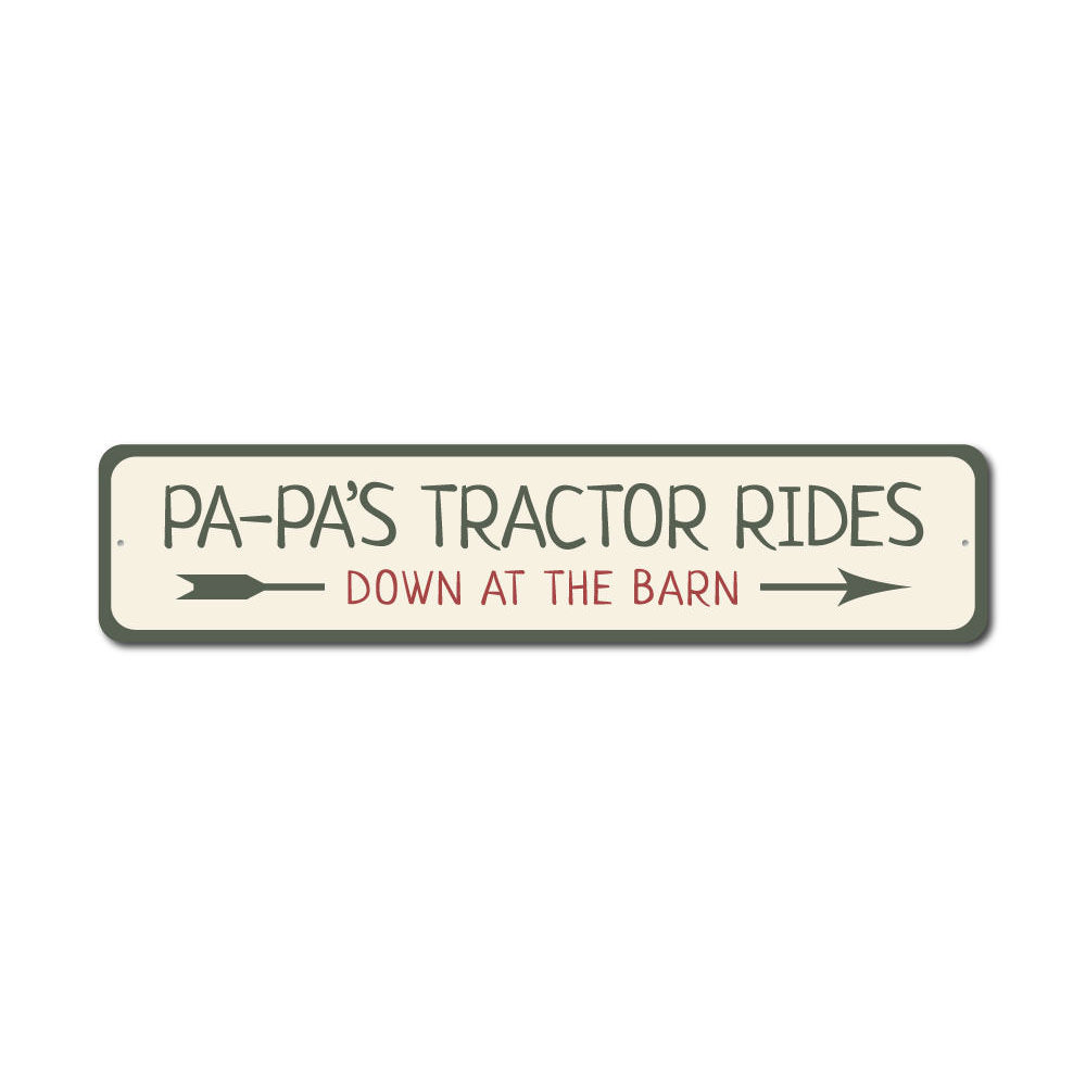 A decorative Tractor Rides Sign made of high-quality aluminum, featuring customizable text and pre-drilled holes for easy mounting.