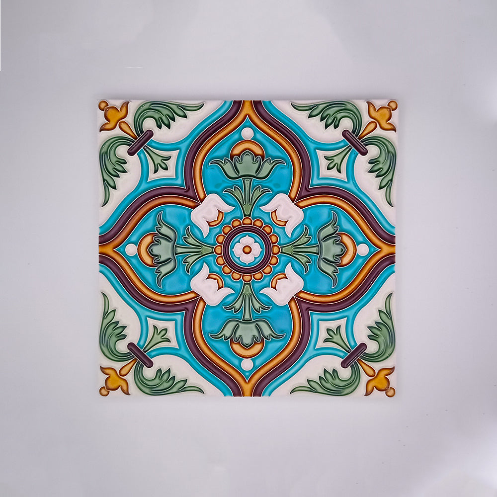 A collection of beautifully hand-painted Traditional Spanish Tiles showcasing intricate designs and vibrant colors.